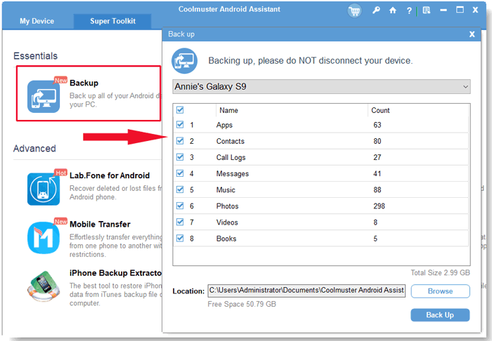 one click to transfer contacts from android to computer with coolmuster android assistant