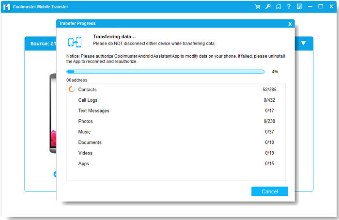 start to transfer contacts between android phones via mobile transfer