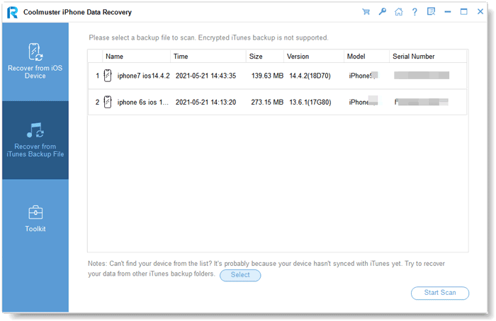 select the itunes backup file to recover